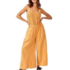 Free People Forever Always Melo Pearl Smocked Tie Back Wide Leg Boho Jumpsuit L